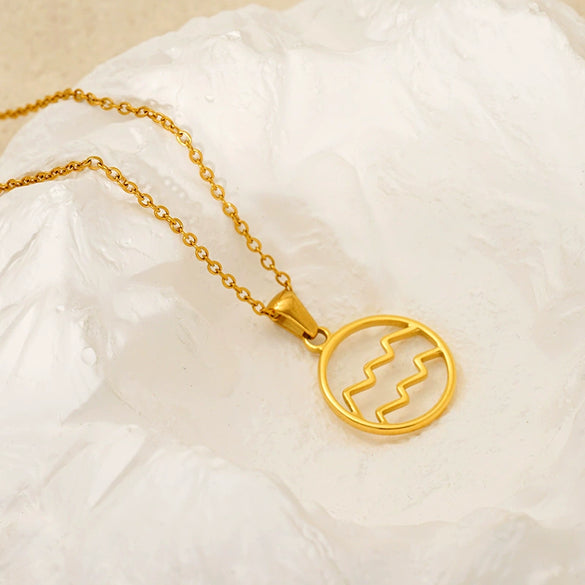 Titanium Steel Twelve Constellations Hollow Pendant Snake Bone Chain Necklace Electroplated 18K Gold Unisex