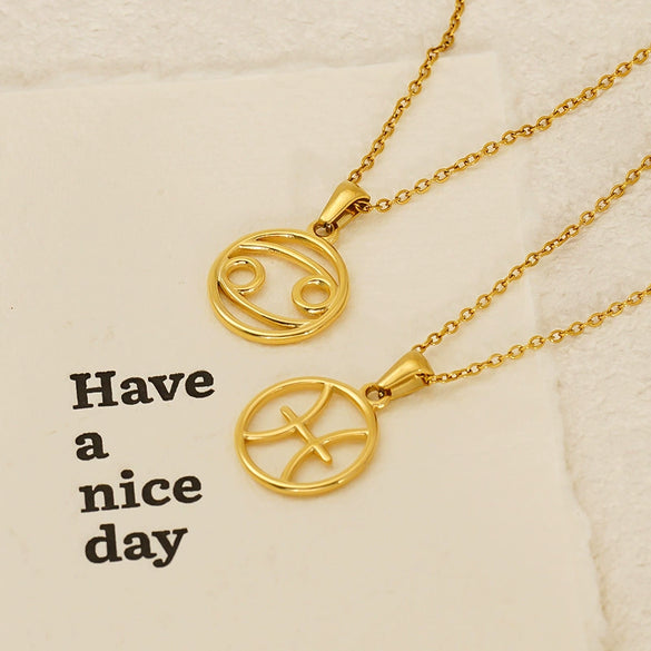 Titanium Steel Twelve Constellations Hollow Pendant Snake Bone Chain Necklace Electroplated 18K Gold Unisex