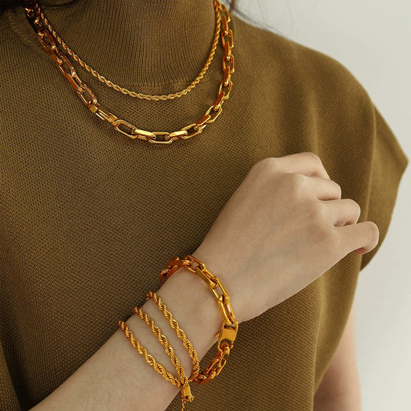 316L Stainless Steel Twist Chain Women's Retro Wave Ushape Geometric Electroplated Necklace