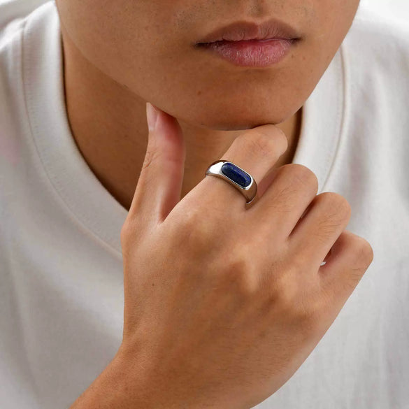 Titanium Steel Unisex Casual Style Oval Egg Surface Lapis Lazuli Ring Polish