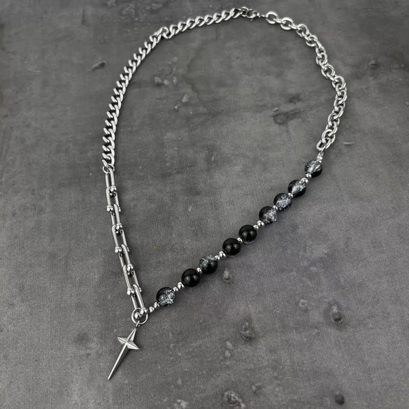 Titanium Steel Ushaped Hiphop Mang Star Cross Ice Crack Bead Stitching Polishing Necklace Unisex Trendy Niche Design Collarbone Chain Accessories