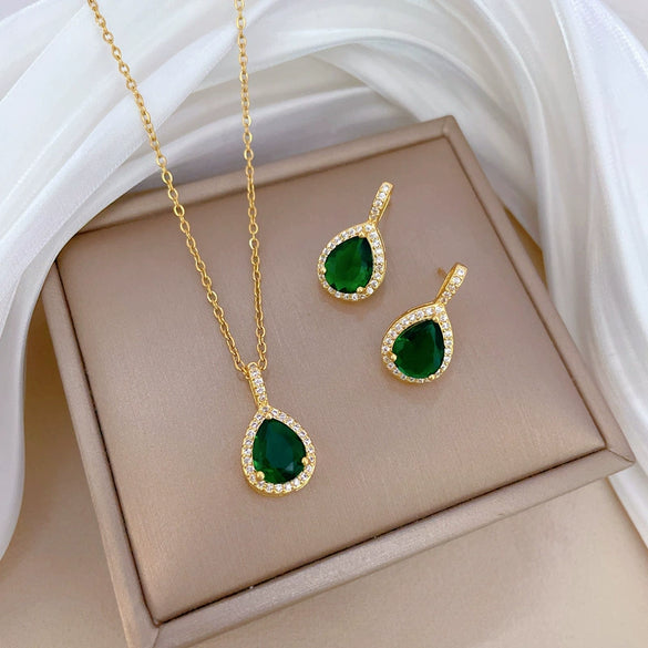 Titanium Steel Water Drop Green Zircon Microinlay Geometric Electroplated Women's Necklace Earrings Set
