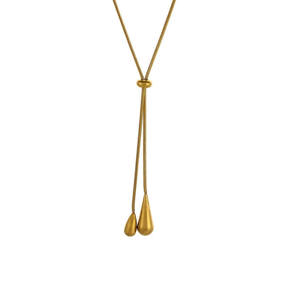 Titanium Steel Water Drop Shape Necklace And Tassel Earrings With Snake Bone Chain For Women Electroplated