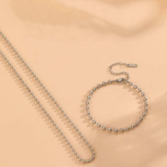 Titanium Steel Wave Bead Jewelry Set With Flower Pattern For Women Include Necklace Bracelet Anklet