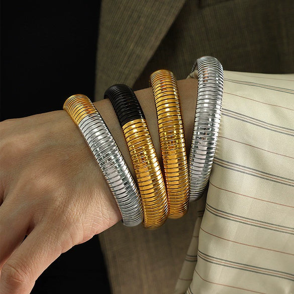 316L Stainless Steel Wide Face Elastic Snake Bone Hip Hop Style Bracelet With Electroplating