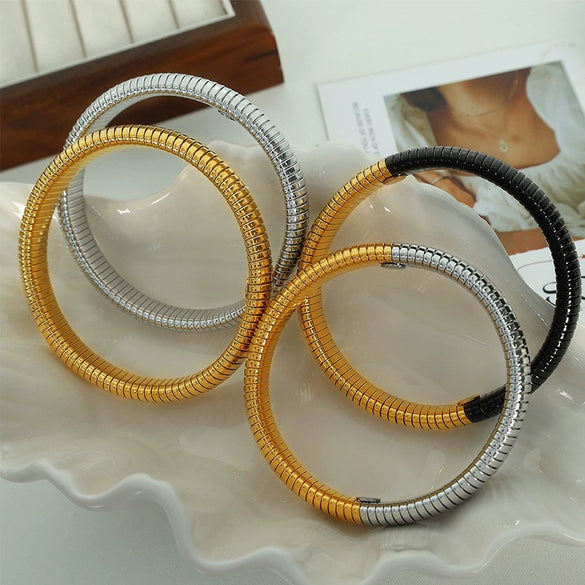 316L Stainless Steel Wide Face Elastic Snake Bone Hip Hop Style Bracelet With Electroplating