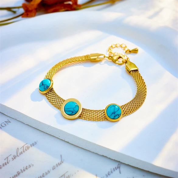 Titanium Steel Wide Surface Round Electroplated Women's Jewelry Bracelet With Turquoise