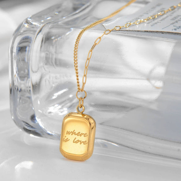 Titanium Steel Women's Ab Chain Necklace Set With Small Square Pendant And Geometric Style Gold Plated