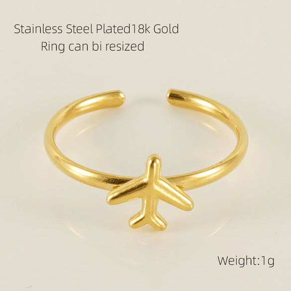 316L Stainless Steel Women's Airplane Ring With Geometric And Four Leaf Clover Pattern Electroplated Design
