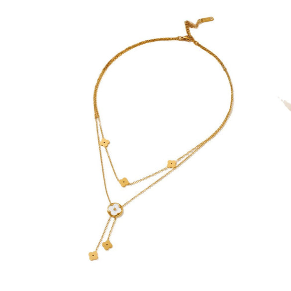 Titanium Steel Women's Anklet With Multiple Small Flower Tassels And Small Grass Hollow Doublelayer Design