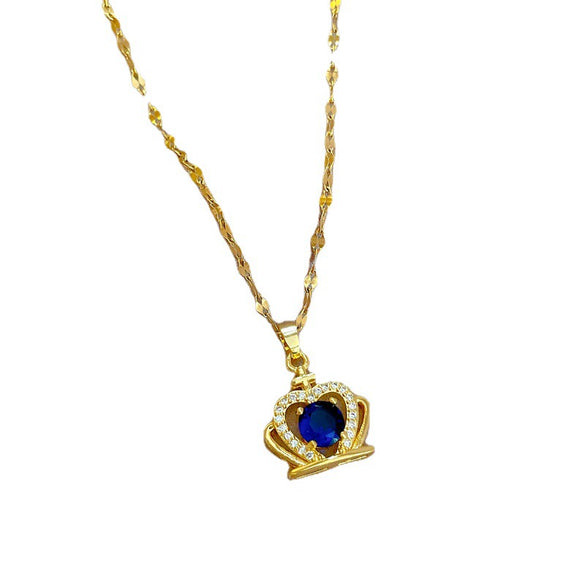 Titanium Steel Women's Blue Crown Full Zirconium Set Real Gold Necklace With Geometric Pattern And Diamond Design