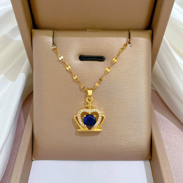 Titanium Steel Women's Blue Crown Full Zirconium Set Real Gold Necklace With Geometric Pattern And Diamond Design