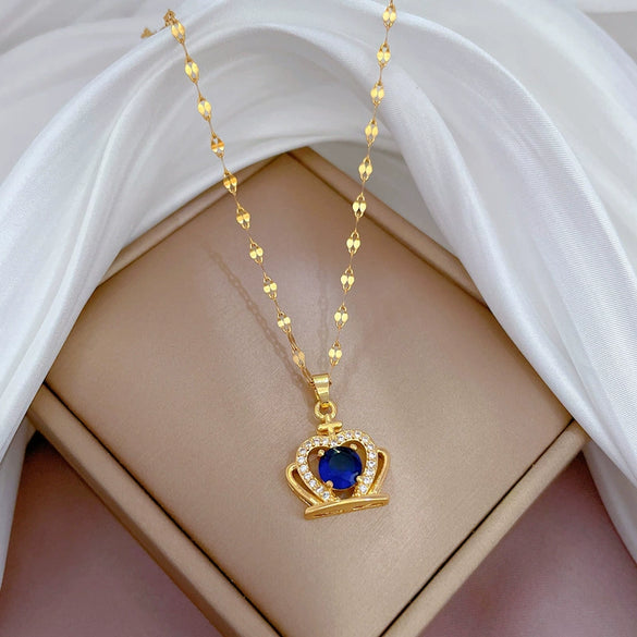Titanium Steel Women's Blue Crown Full Zirconium Set Real Gold Necklace With Geometric Pattern And Diamond Design