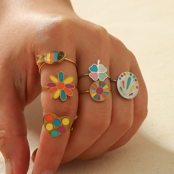 Titanium Steel Women's Bohemian Style Ring With Oil Dropping Design And Heart Flowers Animals Zodiac Patterns