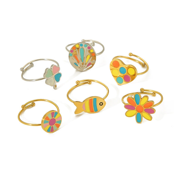 Titanium Steel Women's Bohemian Style Ring With Oil Dropping Design And Heart Flowers Animals Zodiac Patterns
