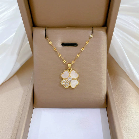 Titanium Steel Women's Cartoon Geometric Diamond Inlaid Clavicle Necklace With Shell Lucky Grass Flower Pendant