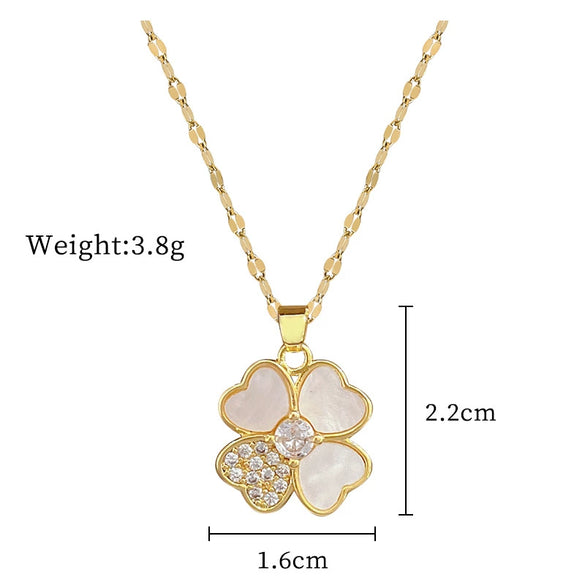 Titanium Steel Women's Cartoon Geometric Diamond Inlaid Clavicle Necklace With Shell Lucky Grass Flower Pendant