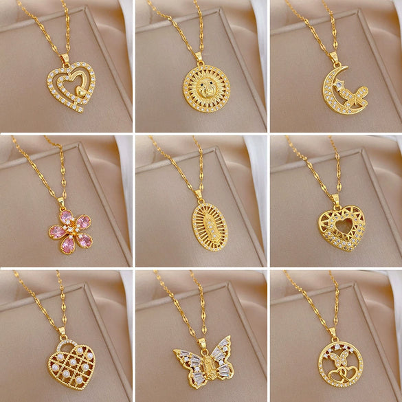 Titanium Steel Women's Cartoon Geometric Diamond Necklace With Copper Pendant
