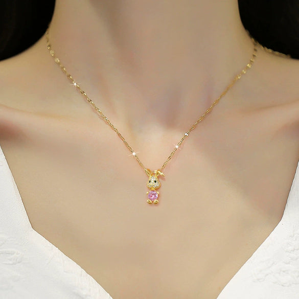 Titanium Steel Women's Cartoon Geometric Rabbit Necklace Inlaid With Real Gold And Full Of Zirconium