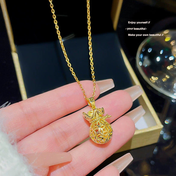 Titanium Steel Women's Clavicle Chain With Mixed Gem Inlay Purse Pendant And Geometric Design Set With Precious Stones