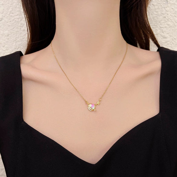 Titanium Steel Women's Color Changing Planet Necklace With Geometric Design And Diamond Treatment