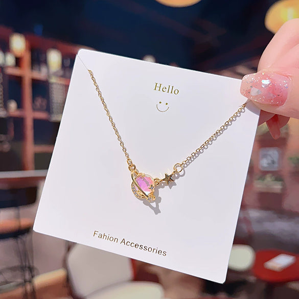 Titanium Steel Women's Color Changing Planet Necklace With Geometric Design And Diamond Treatment