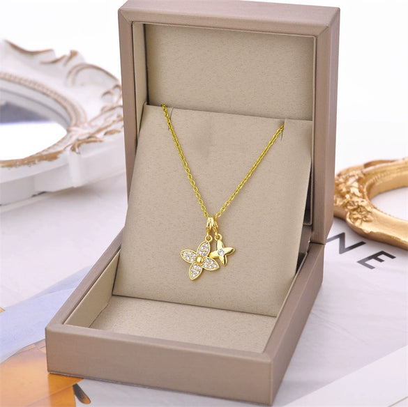 Titanium Steel Women's Double Fourleaf Clover Pendant Necklace Mixed Gem Inlay Geometric Electroplating Simple Style