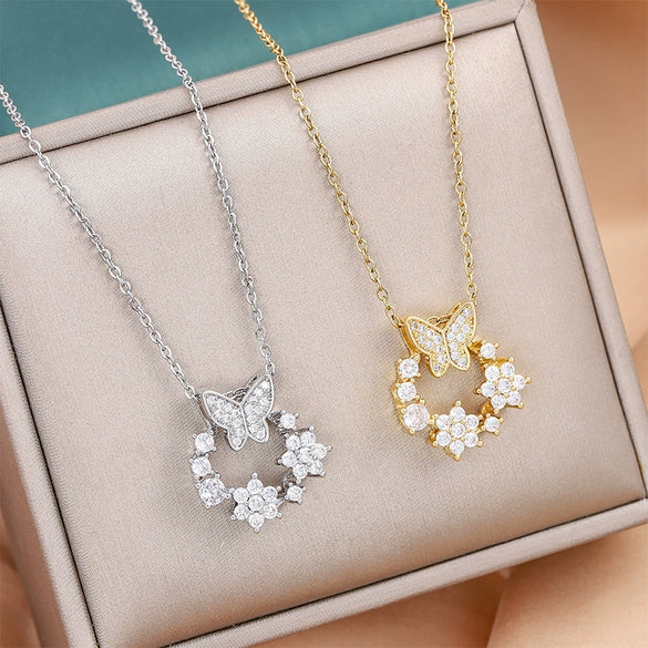 Titanium Steel Women's Elegant Fashion Donut Zircon Double Butterfly Pendant O Chain Necklace With Mixed Gemstone Inlay And Electroplating Bow Tie And Geometric Pattern