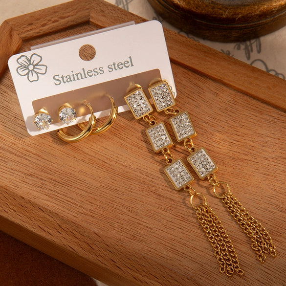 Titanium Steel Women's Elegant Love Zircon Earrings With Geometric Moon Square Long Tassel Electroplating Design