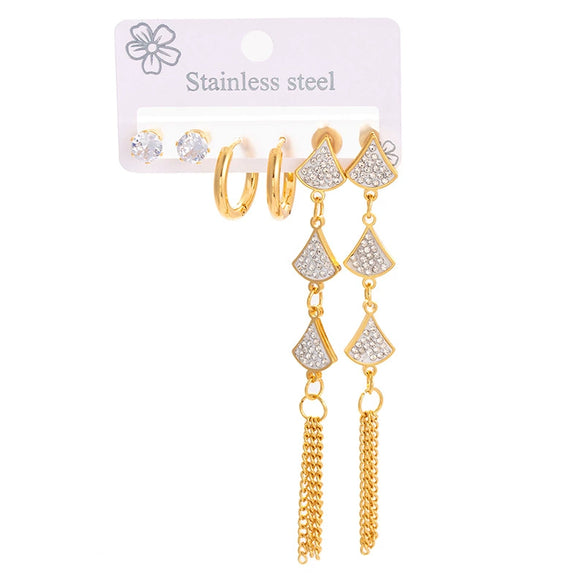 Titanium Steel Women's Elegant Love Zircon Earrings With Geometric Moon Square Long Tassel Electroplating Design