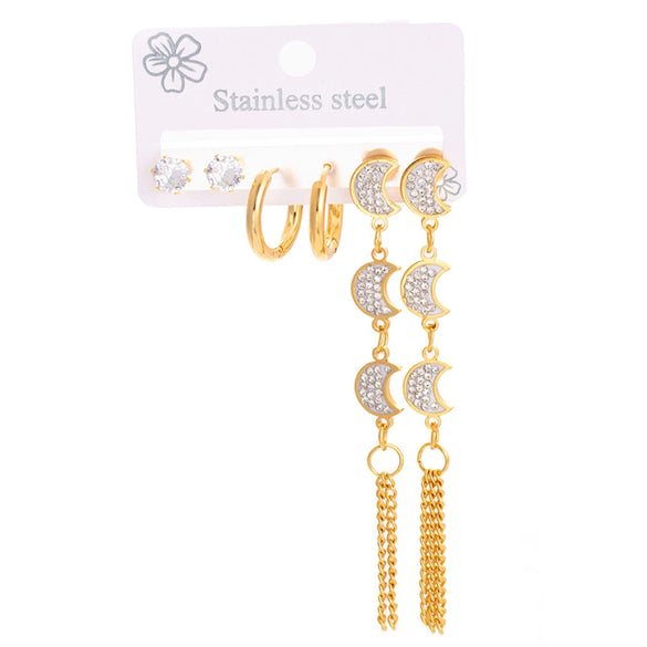 Titanium Steel Women's Elegant Love Zircon Earrings With Geometric Moon Square Long Tassel Electroplating Design