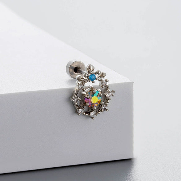 Titanium Steel Women's Fairy Style Screw Ear Nail With Zircon Butterfly And Love Flower Design
