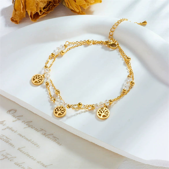 Titanium Steel Women's Fashion Light Luxury Life Tree Crystal Beaded Anklet