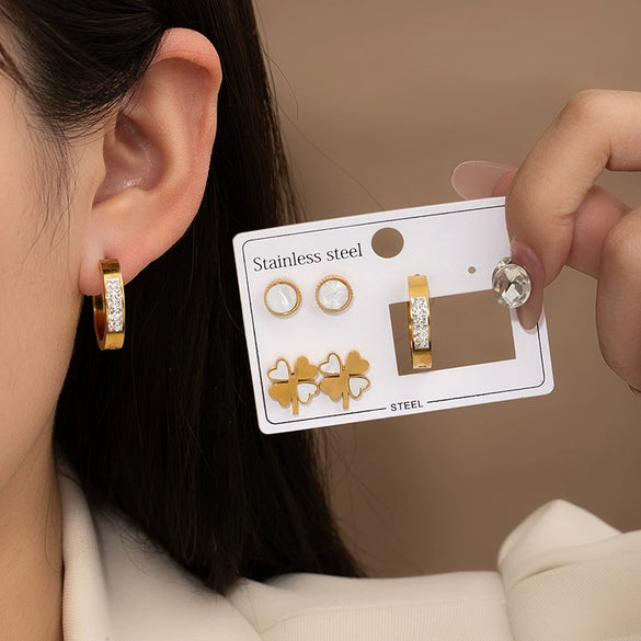 Titanium Steel Women's Fashionable Four Leaf Clover And Circle Zircon Earrings Set Simple Style With Electroplating