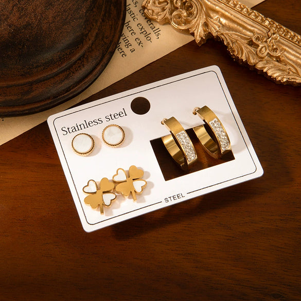 Titanium Steel Women's Fashionable Four Leaf Clover And Circle Zircon Earrings Set Simple Style With Electroplating