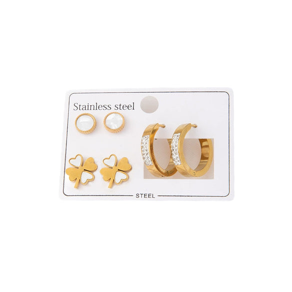 Titanium Steel Women's Fashionable Four Leaf Clover And Circle Zircon Earrings Set Simple Style With Electroplating