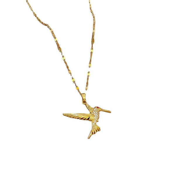 Titanium Steel Women's Flying Bird Woodpecker Microinlaid Real Gold Geometric Necklace With Diamond Design