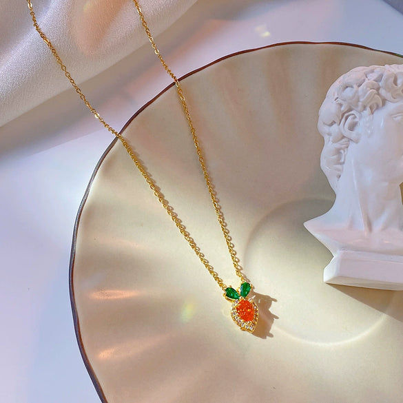 Titanium Steel Women's Fruit Food Style Geometric Carrot Pendant Necklace With Mixed Gem Inlay And Diamond Design And Cross Chain