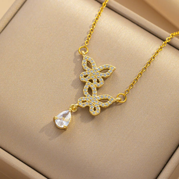 Titanium Steel Women's Geometric Butterfly Zircon Necklace With Diamond Design