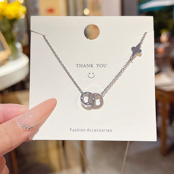 Titanium Steel Women's Geometric Doublering Pendant Necklace With Electroplating And Mixed Gemstone Setting