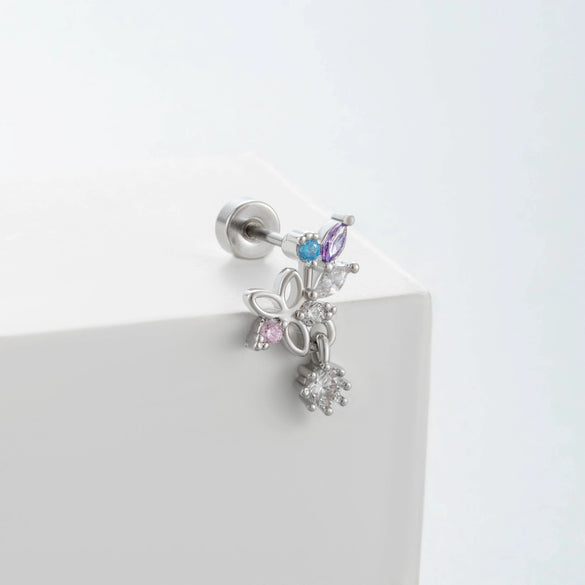 Titanium Steel Women's Geometric Flower Inlaid Zircon Fivepointed Star Pendant Earrings