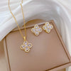 Titanium Steel Women's Geometric Four Leaf Flower Zircon Earrings Necklace Set With Electroplating