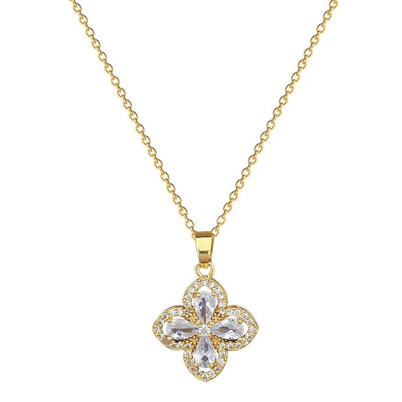 Titanium Steel Women's Geometric Four Leaf Flower Zircon Earrings Necklace Set With Electroplating