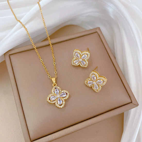 Titanium Steel Women's Geometric Four Leaf Flower Zircon Earrings Necklace Set With Electroplating