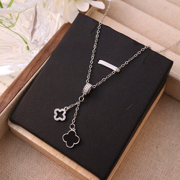 Titanium Steel Women's Geometric Fourleaf Clover Pendant Necklace With Diamondplated Goldplated Tassel And Copper Pendant