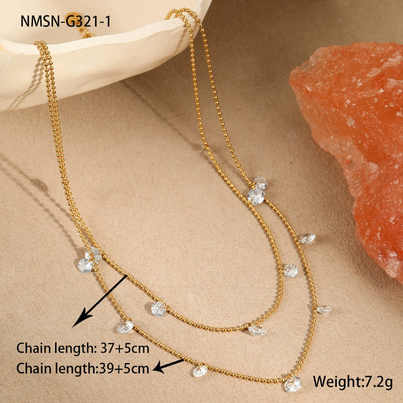 Titanium Steel Women's Geometric Inlaid Colorful Zircon Multilayer Stacked Fashion Necklace 18K Gold Plated