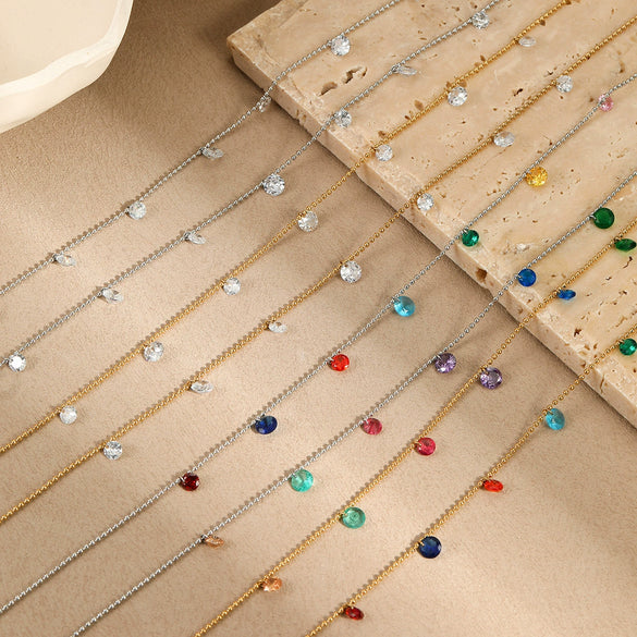 Titanium Steel Women's Geometric Inlaid Colorful Zircon Multilayer Stacked Fashion Necklace 18K Gold Plated