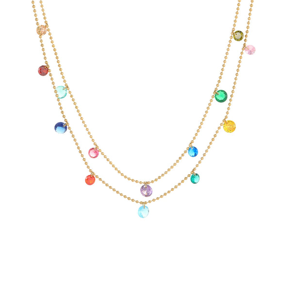 Titanium Steel Women's Geometric Inlaid Colorful Zircon Multilayer Stacked Fashion Necklace 18K Gold Plated