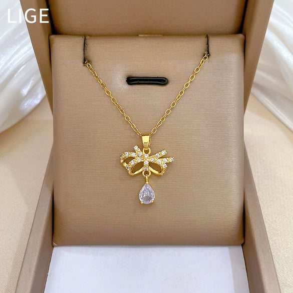 Titanium Steel Women's Geometric Light Luxury Full Diamond Butterfly Water Drops Necklace Earrings Set With Electroplating