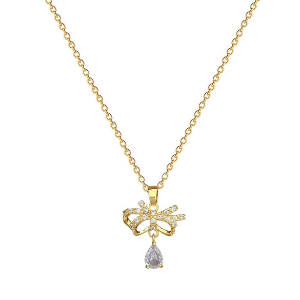 Titanium Steel Women's Geometric Light Luxury Full Diamond Butterfly Water Drops Necklace Earrings Set With Electroplating